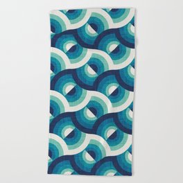 Here comes the sun // navy blue teal and spearmint gradient 70s inspirational groovy geometric suns Beach Towel