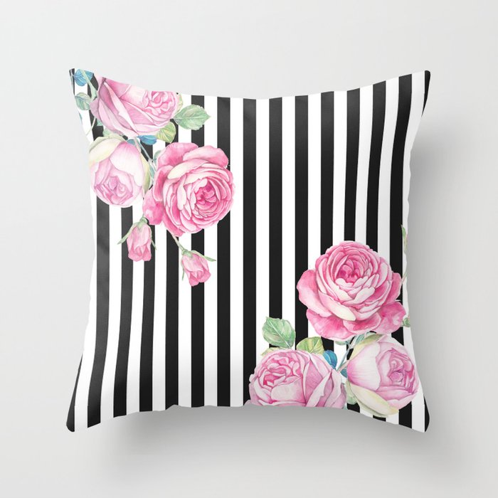 Black White Blush Pink Watercolor Floral Stripes Throw Pillow By