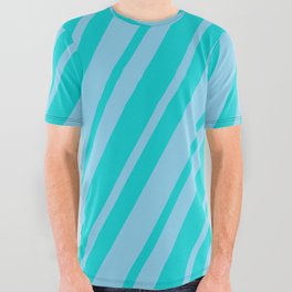 [ Thumbnail: Dark Turquoise & Sky Blue Colored Striped Pattern All Over Graphic Tee ]