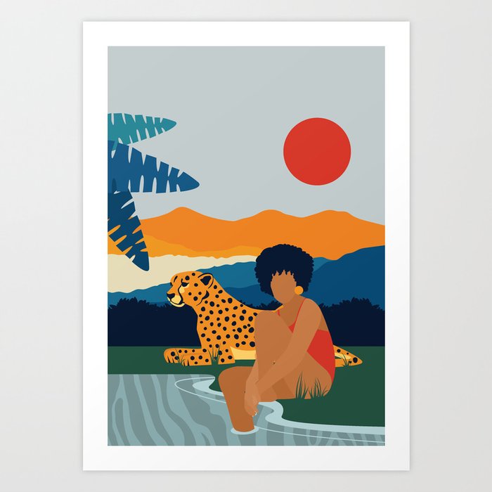 Jungle Boogie Art Print | Drawing, Jungle, Afro, Black, Woman, Feminist, Female, Leopard, Cheetah, Cat