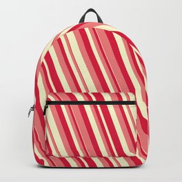 [ Thumbnail: Crimson, Light Coral & Light Yellow Colored Lines Pattern Backpack ]