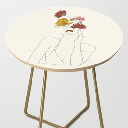 Colorful Thoughts Minimal Line Art Woman with Flowers Side Table