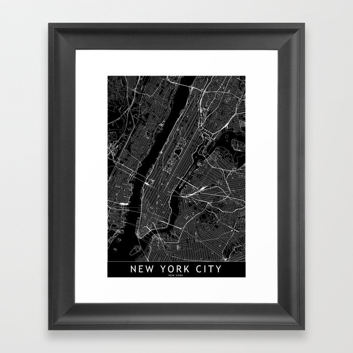 New York City Black Map Framed Art Print