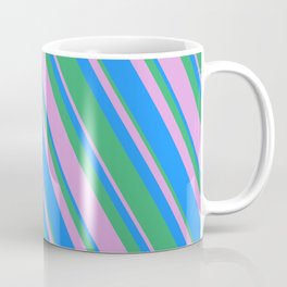 [ Thumbnail: Blue, Sea Green, and Plum Colored Pattern of Stripes Coffee Mug ]