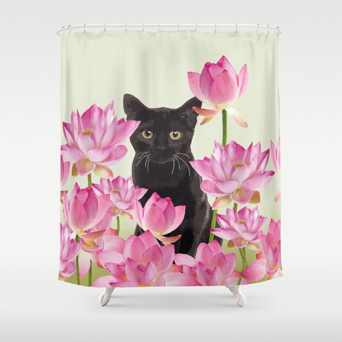 Lotos Flower Blossoms Black Cat Shower, Lotus Blossom Shower Curtain