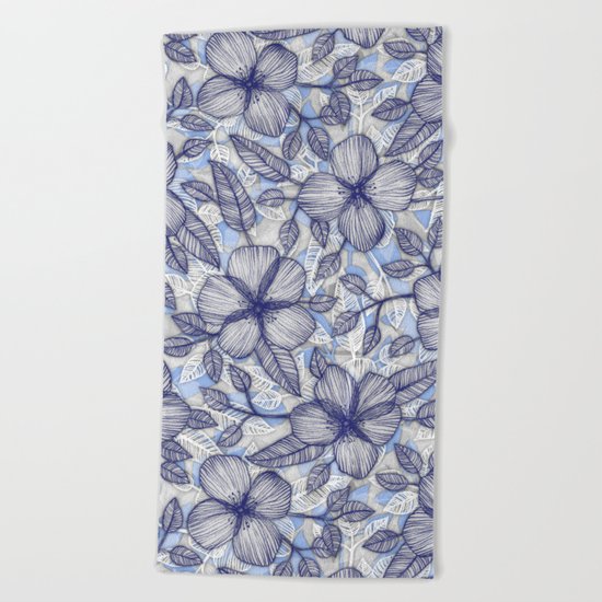 Indigo Summer - a hand drawn floral pattern Beach Towel