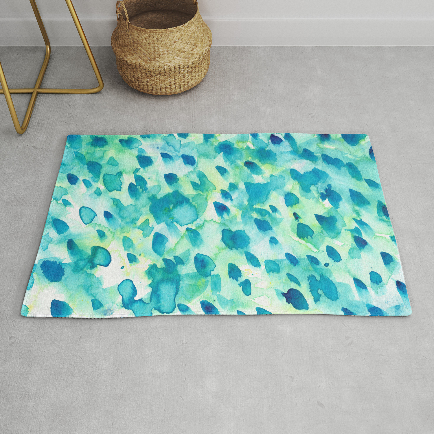 Blue Green And Aqua Abstract Watercolor Painted Spots Rug By