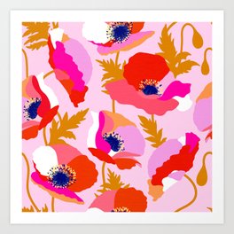 Happy Poppies 2. Pink, red, orange on pastel pink Art Print