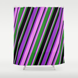 [ Thumbnail: Dark Orchid, Violet, Forest Green, and Black Colored Lines Pattern Shower Curtain ]