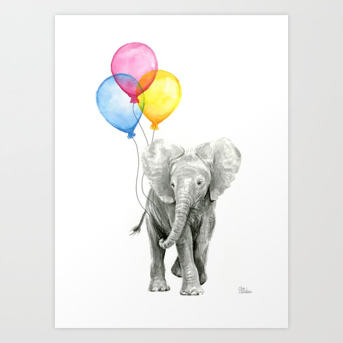 Baby Elephant with Balloons Nursery Animals Prints Whimsical Animal Art Print