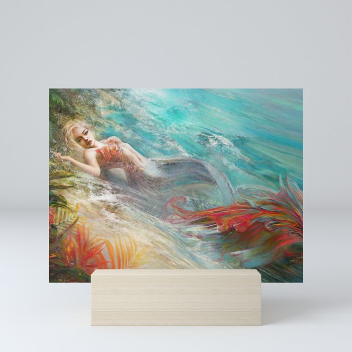 Mermaid sunbathing on the beach fantasy Mini Art Print
