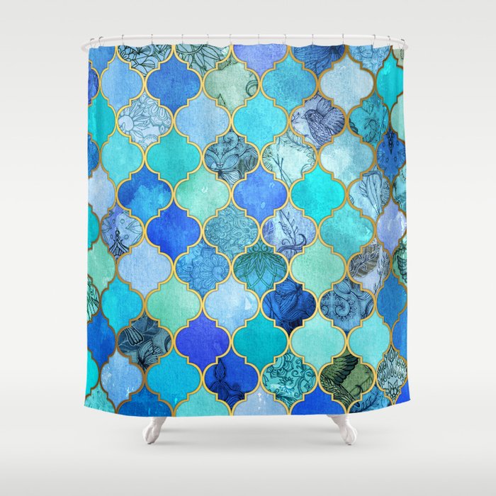 Cobalt Blue, Aqua & Gold Decorative Moroccan Tile Pattern Shower Curtain