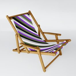 [ Thumbnail: Eye-catching Grey, White, Purple, Dark Olive Green, and Black Colored Lined/Striped Pattern Sling Chair ]