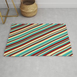 [ Thumbnail: Pale Goldenrod, Light Sea Green, and Dark Red Colored Striped Pattern Rug ]