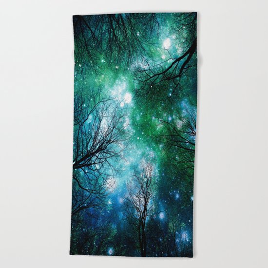 Black Trees Teal Green Space Beach Towel