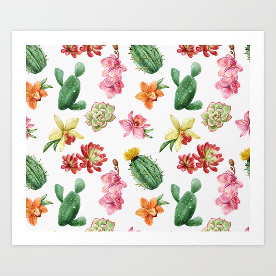 Watercolor Cacti Pattern Art Print