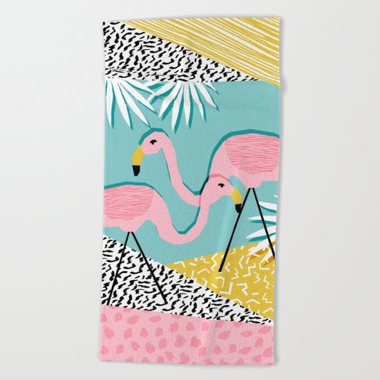 Bro - wacka design memphis throwback minimal retro hipster 1980s 80s neon pop art flamingo lawn Beach Towel