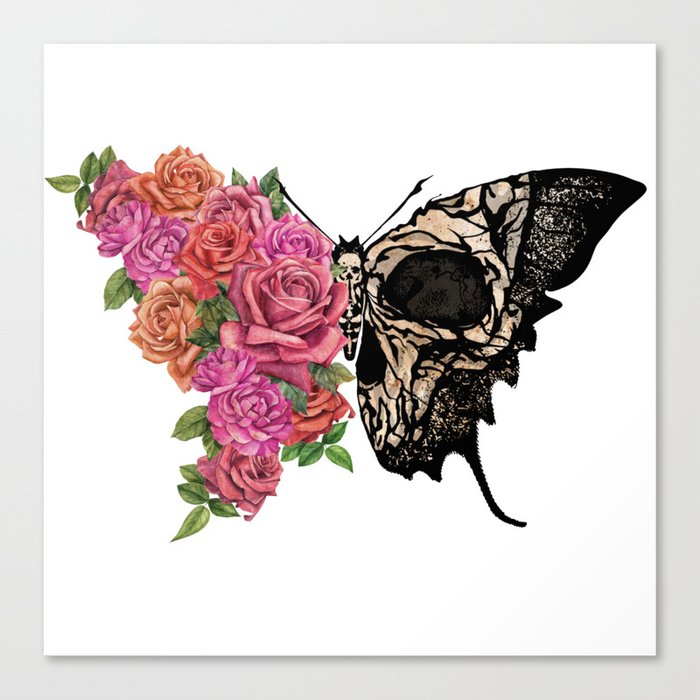 Butterfly moth half wings roses art Canvas Print