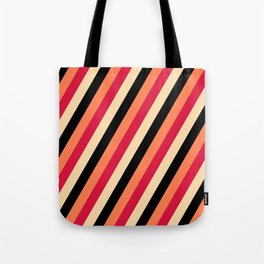 [ Thumbnail: Crimson, Tan, Black, and Coral Colored Lines/Stripes Pattern Tote Bag ]