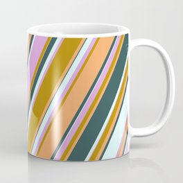 [ Thumbnail: Vibrant Dark Goldenrod, Brown, Dark Slate Gray, Light Cyan, and Plum Colored Lined Pattern Coffee Mug ]