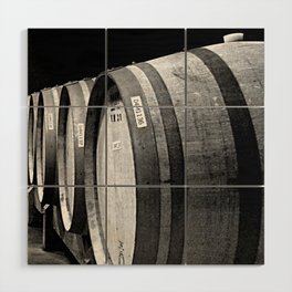 Vineyard wine oak barrels wine cellar black and white photograph - photography - photographs Wood Wall Art