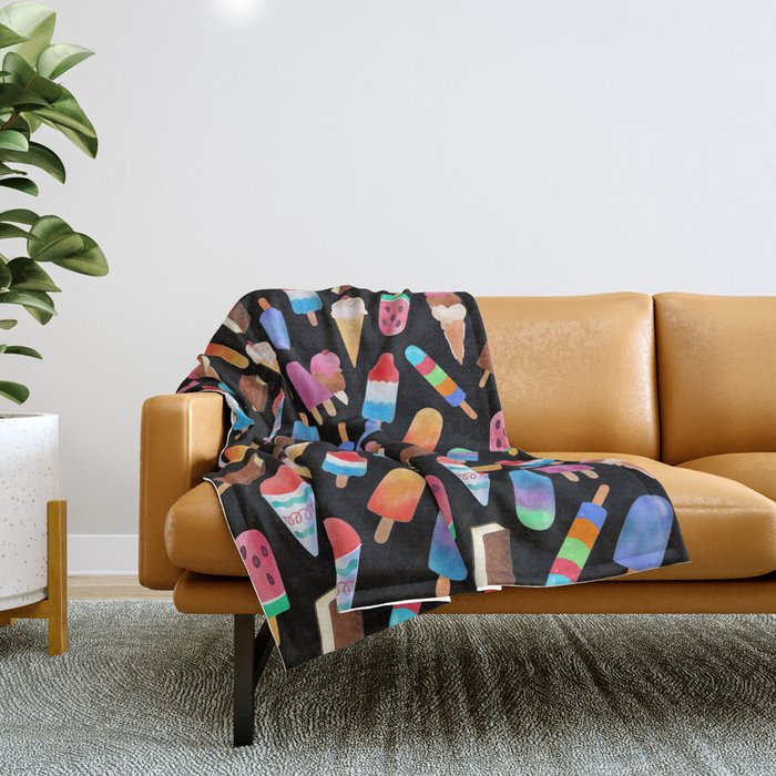 Black Summer Ice Cream and Popsicles Throw Blanket