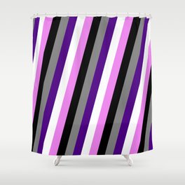 [ Thumbnail: Vibrant Violet, Black, Grey, Indigo & White Colored Lines/Stripes Pattern Shower Curtain ]