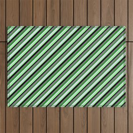 [ Thumbnail: Eye-catching Grey, Forest Green, Lavender, Green & Black Colored Stripes Pattern Outdoor Rug ]
