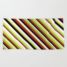 [ Thumbnail: Eye-catching Tan, Green, Red, Black & White Colored Striped/Lined Pattern Beach Towel ]