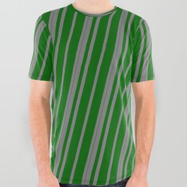 [ Thumbnail: Gray and Dark Green Colored Lined Pattern All Over Graphic Tee ]
