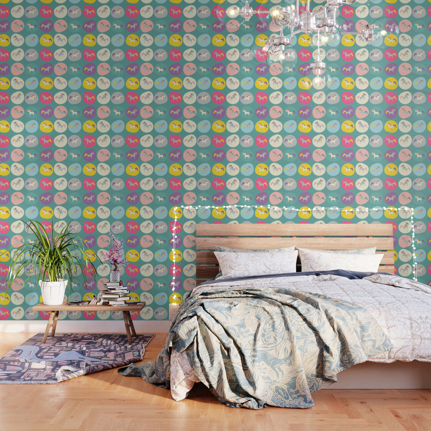 Cute Unicorn Polka Dots Teal Pastel Colors And Linen Texture