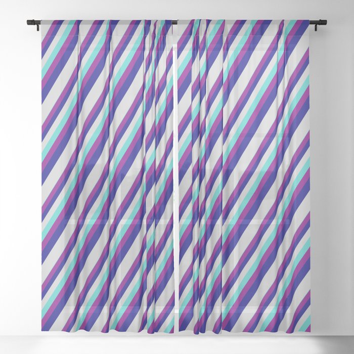 Turquoise, Purple, Blue, and Light Grey Colored Striped/Lined Pattern Sheer Curtain