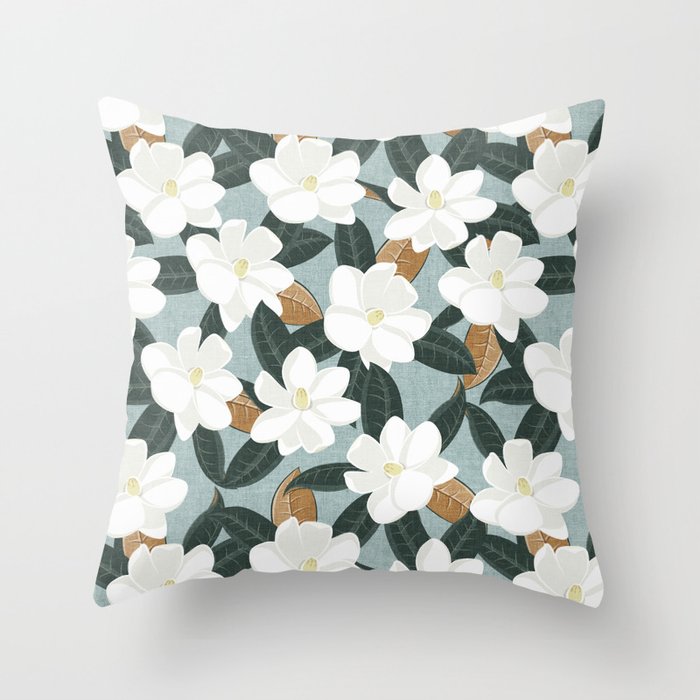 magnolia flowers - southern floral - teal Throw Pillow