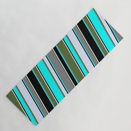 [ Thumbnail: Eyecatching Aqua, Grey, Dark Olive Green, Lavender & Black Colored Lines/Stripes Pattern Yoga Mat ]
