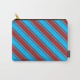 [ Thumbnail: Deep Sky Blue & Brown Colored Striped Pattern Carry-All Pouch ]