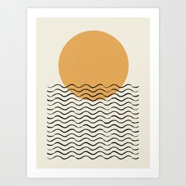 Ocean wave gold sunrise - mid century style Art Print