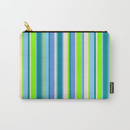[ Thumbnail: Eye-catching Chartreuse, Light Sky Blue, Dark Cyan, Cornflower Blue, and Beige Colored Lines Pattern Carry-All Pouch ]