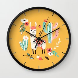White Llama with flowers Wall Clock