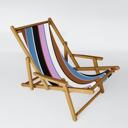 [ Thumbnail: Vibrant Brown, Plum, Blue, White, and Black Colored Lined/Striped Pattern Sling Chair ]