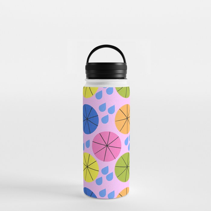 Mid-Century Modern Spring Rainy Day Umbrellas Pink Water Bottle