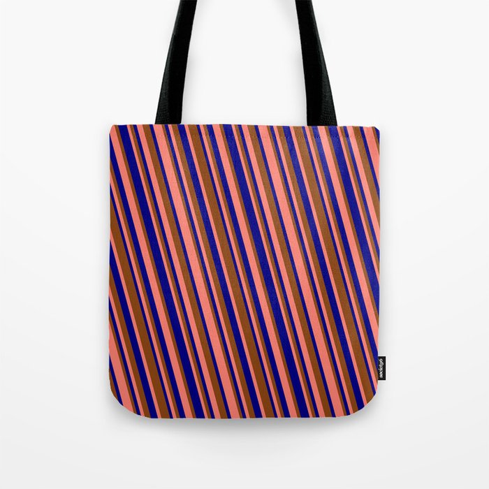 Blue, Brown & Salmon Colored Stripes Pattern Tote Bag