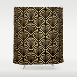 Art Deco Pattern. Seamless black and gold background. Scales or shells crisscross ornament. Minimalistic geometric design. Vintage lines. 1920-30s motifs. Luxury vintage illustration Shower Curtain