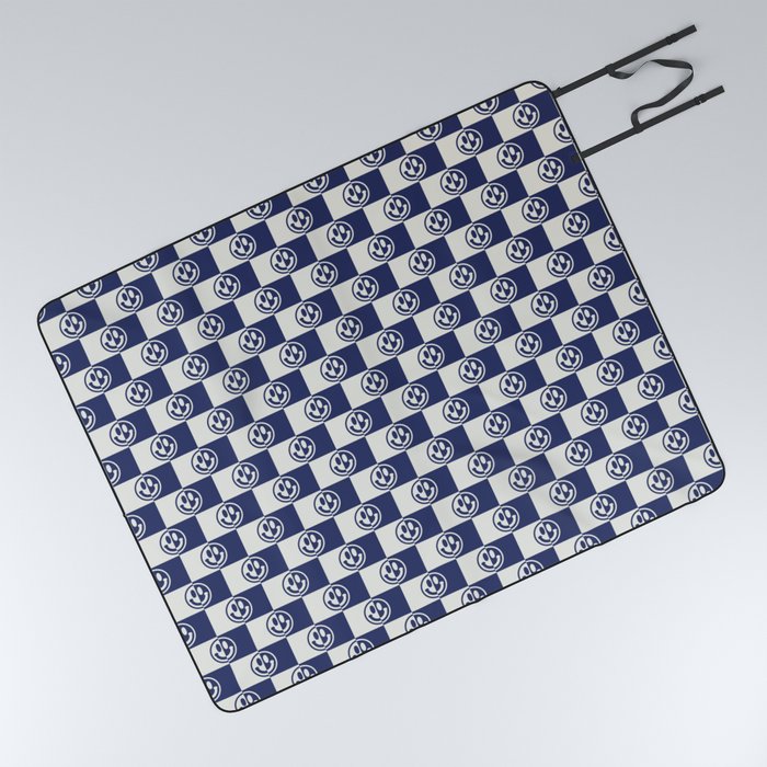 Smiley Faces On Checkerboard (Muted Beige & Dark Blue)  Picnic Blanket