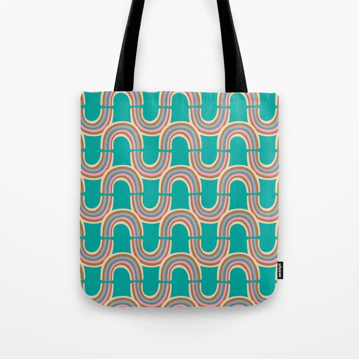 RAINBOW REFLECTION in PASTELS ON BRIGHT TURQUOISE Wavy Abstract Rainbow Stripes Tote Bag