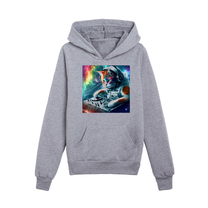 Astronaut Cat DJ in Colorful Galaxy Kids Pullover Hoodie