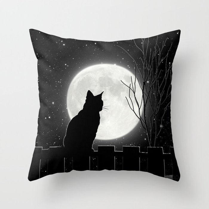 Silent Night Cat and full moon Throw Pillow