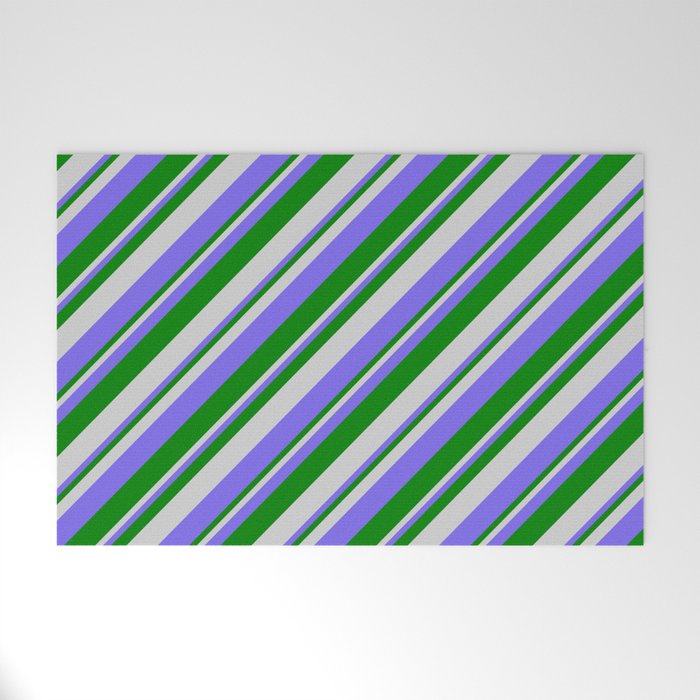 Light Gray, Medium Slate Blue & Green Colored Lines/Stripes Pattern Welcome Mat