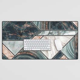 Art Deco Teal + Rose Gold Abstract Marble Geometry Desk Mat