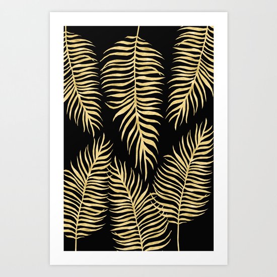 Fern Pattern Gold On Black Background Art Print