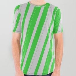 [ Thumbnail: Lime Green & Light Grey Colored Lines Pattern All Over Graphic Tee ]